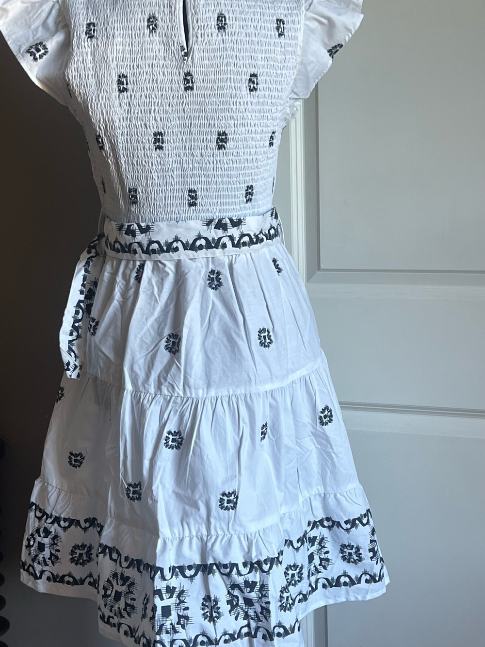 White Smocked Midi Dress with Black Embroidery and Tan Buckle Belt - Picture 4 of 6